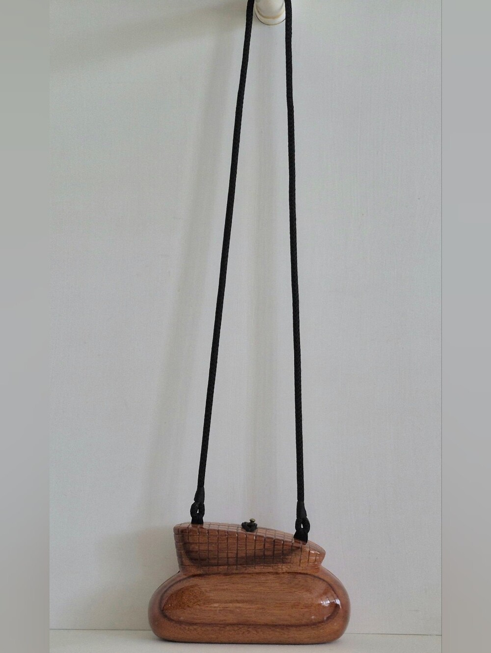 Timmy Woods Cognac Brown Handcrafted Wooden Crossbody Purse W/ Black Rope Strap